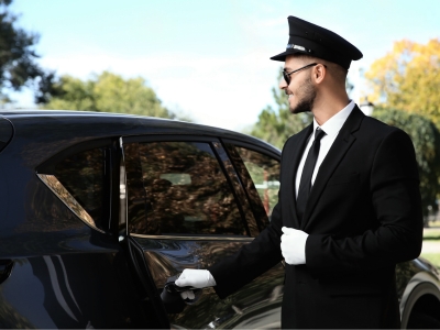 Un chauffeur professionnel souriant ouvre la porte à un client.