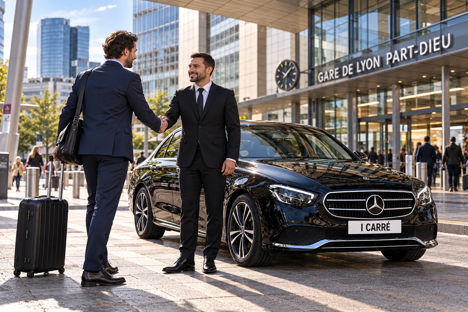 Chauffeur accueillant un voyageur à la gare Lyon Part-Dieu