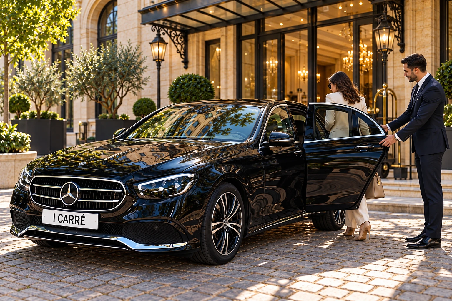 Chauffeur ouvrant la portière à une cliente devant un hôtel