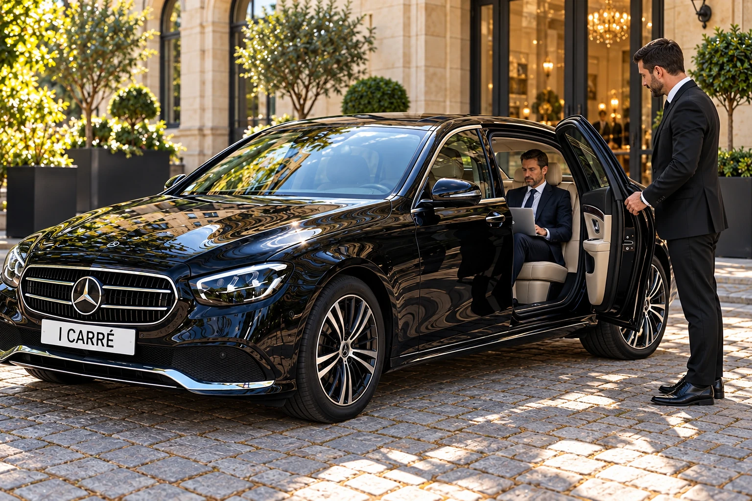 Passager en classe affaires dans une berline avec chauffeur pour un trajet longue distance