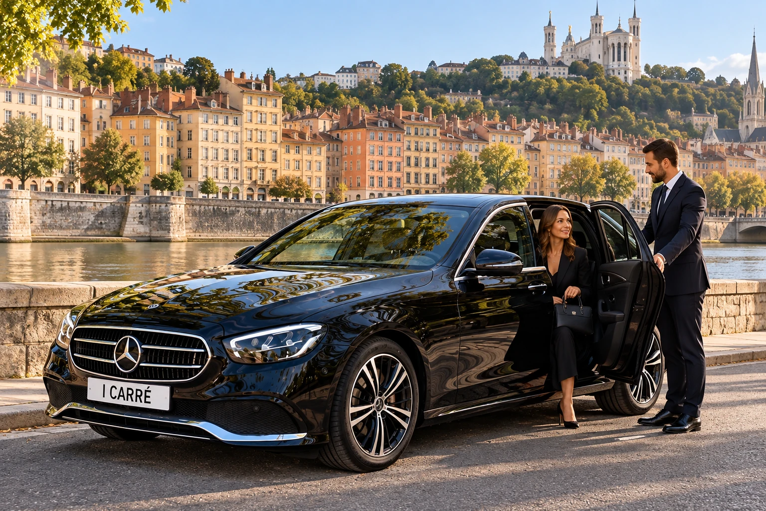 Berline avec chauffeur sur les quais de Saône à Lyon