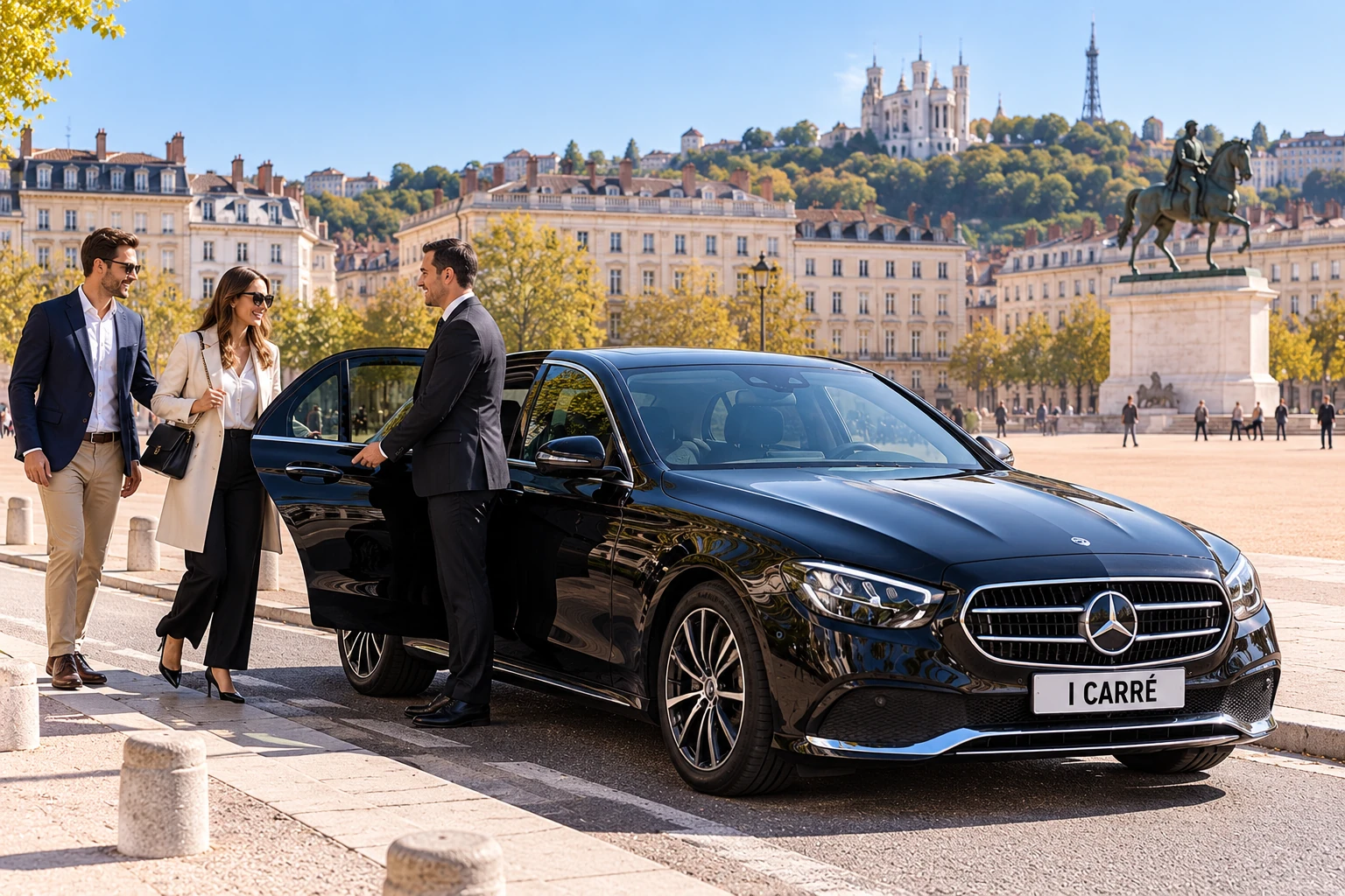 Chauffeur VTC accueillant des clients place Bellecour à Lyon
