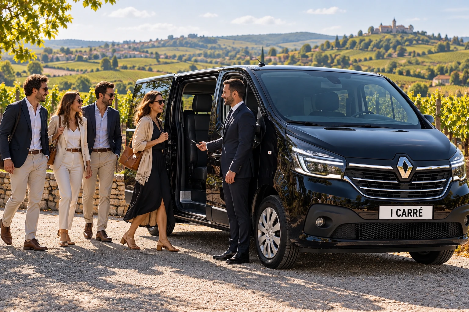 Chauffeur VTC et clients dans les vignes du Beaujolais près de Villefranche-sur-Saône