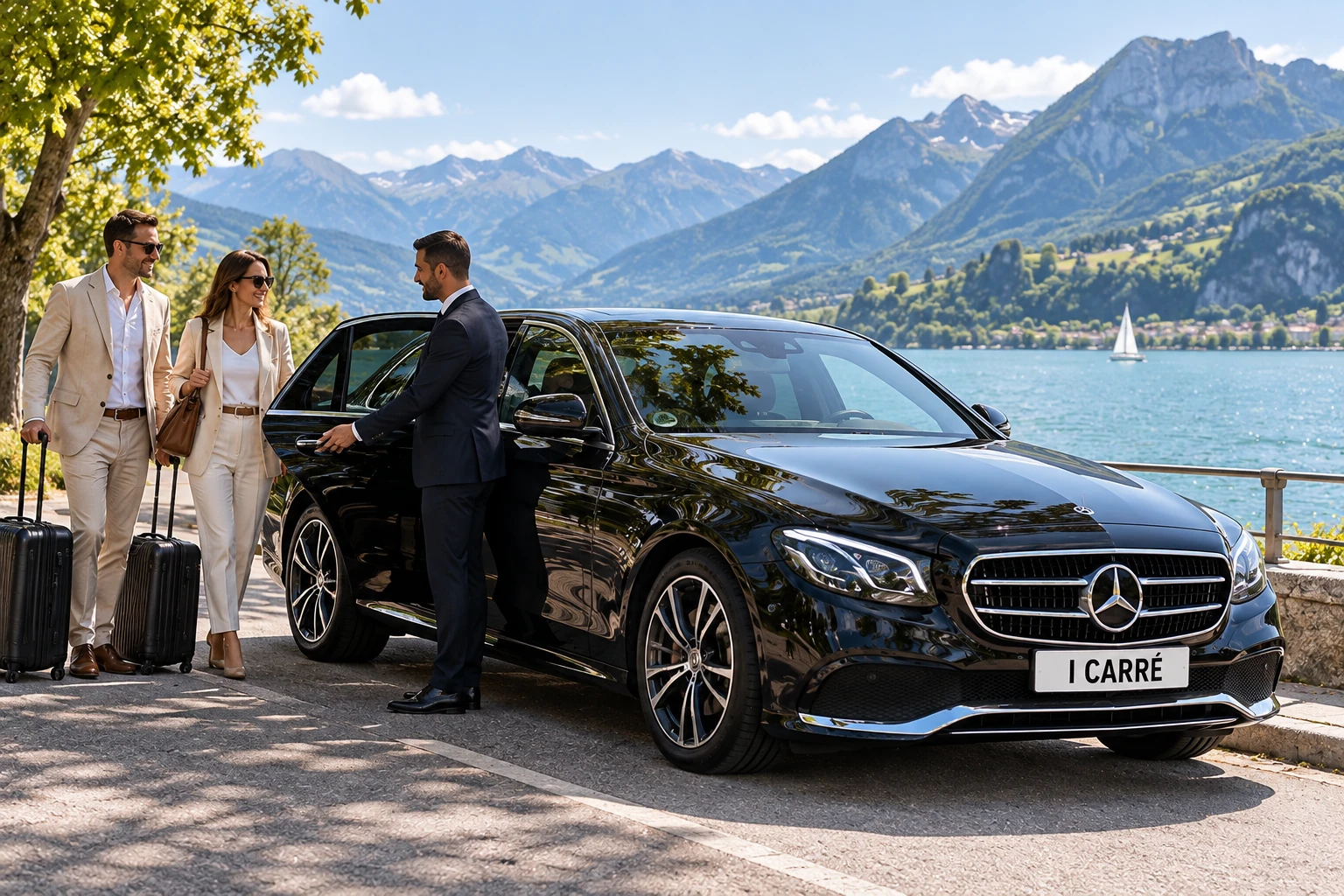 Chauffeur et voyageurs au bord d'un lac de Savoie, navette avec chauffeur près de Chambéry