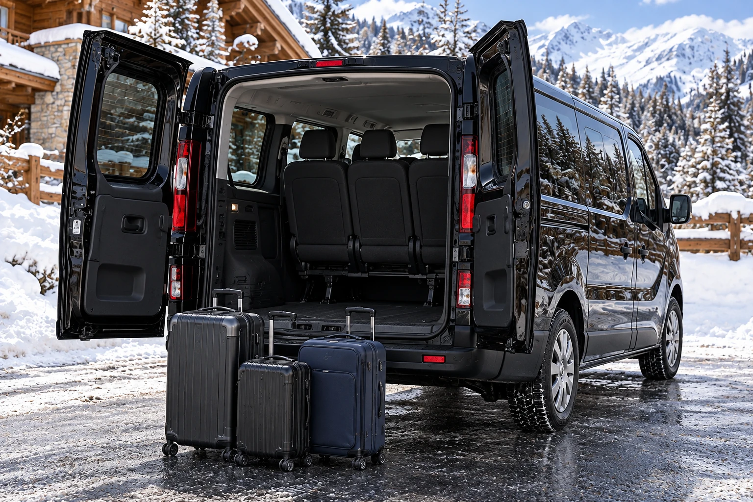 Van avec chauffeur et valises devant un chalet, navette station de ski depuis Chambéry