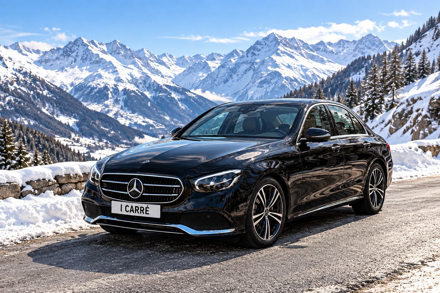 Berline avec chauffeur sur une route de montagne en Savoie, taxi et VTC à Chambéry