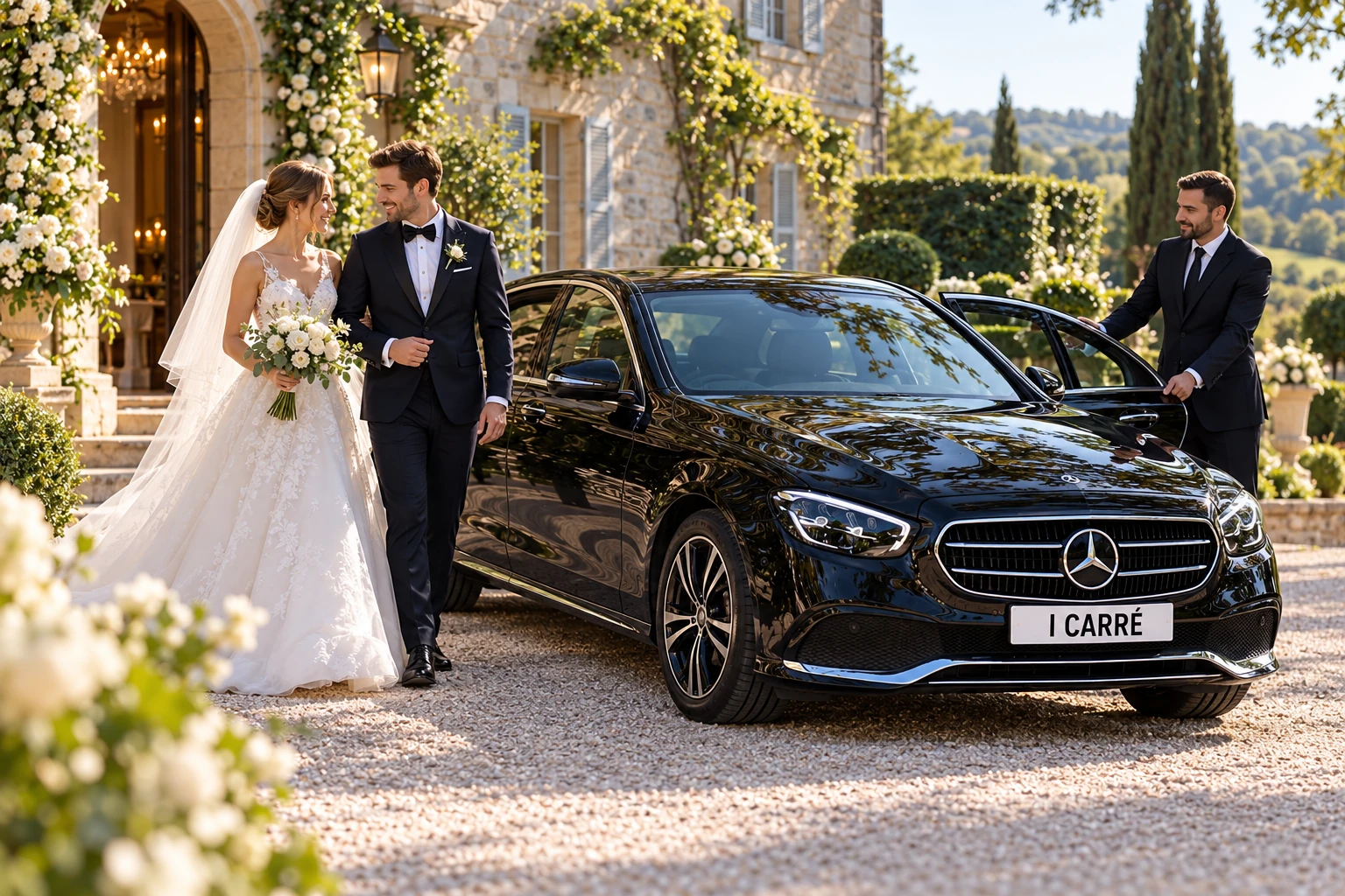Mariés et chauffeur devant une voiture élégante pour un mariage sur la Côte d'Azur